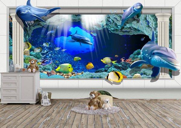 Dolphins Coming Out the Wall Mural Photo Wallpaper UV Print Decal Art Décor