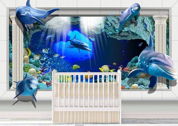 Dolphins Coming Out the Wall Mural Photo Wallpaper UV Print Decal Art Décor