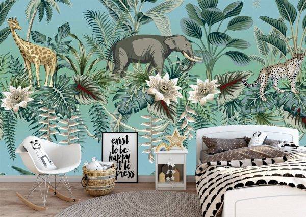 Animals on Green Background Wall Mural Photo Wallpaper UV Print Decal Art Décor