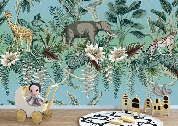 Animals on Green Background Wall Mural Photo Wallpaper UV Print Decal Art Décor