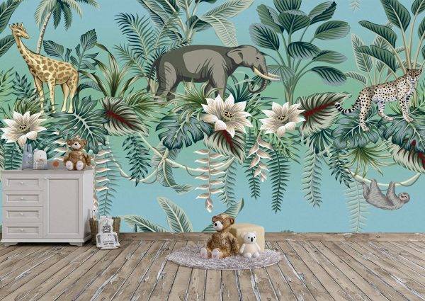 Animals on Green Background Wall Mural Photo Wallpaper UV Print Decal Art Décor