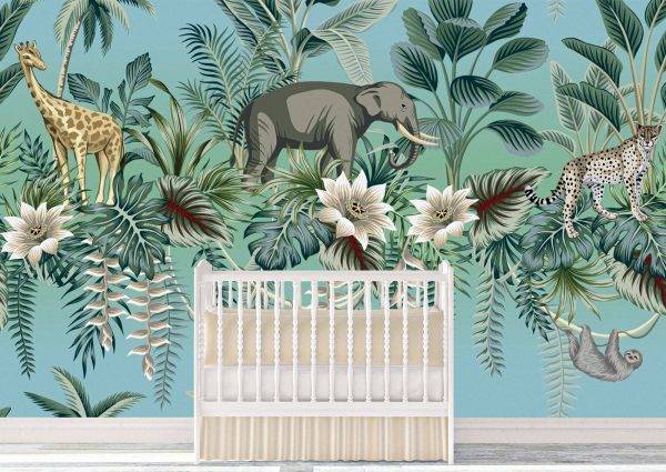 Animals on Green Background Wall Mural Photo Wallpaper UV Print Decal Art Décor