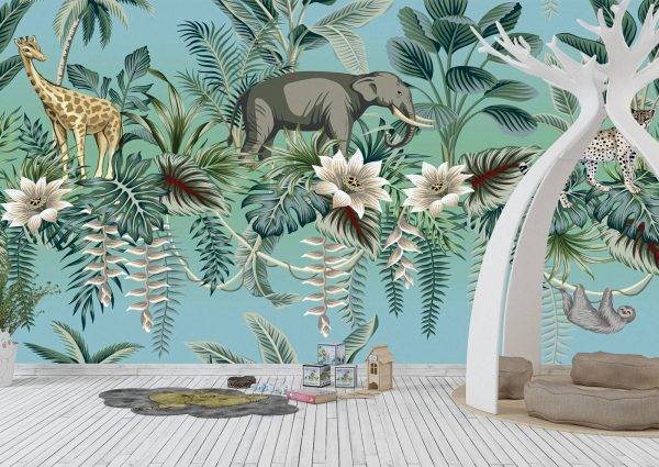 Animals on Green Background Wall Mural Photo Wallpaper UV Print Decal Art Décor