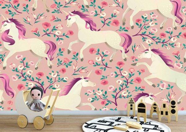 Pink Unicorns Theme Wall Mural Photo Wallpaper UV Print Decal Art Décor