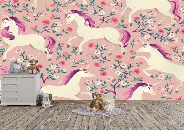 Pink Unicorns Theme Wall Mural Photo Wallpaper UV Print Decal Art Décor