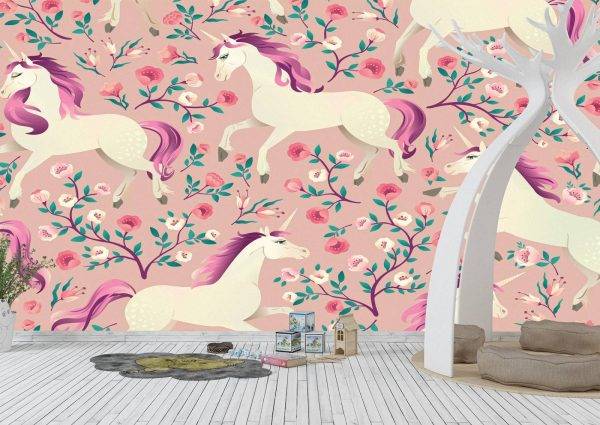 Pink Unicorns Theme Wall Mural Photo Wallpaper UV Print Decal Art Décor