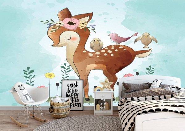 Bambi with Birds Kids Room Wall Mural Photo Wallpaper UV Print Decal Art Décor