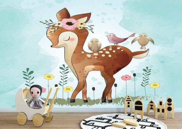 Bambi with Birds Kids Room Wall Mural Photo Wallpaper UV Print Decal Art Décor