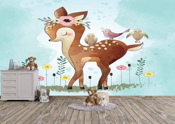 Bambi with Birds Kids Room Wall Mural Photo Wallpaper UV Print Decal Art Décor