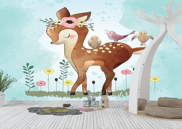 Bambi with Birds Kids Room Wall Mural Photo Wallpaper UV Print Decal Art Décor