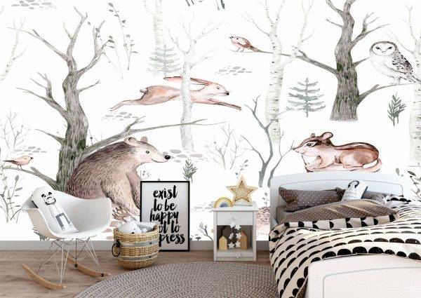 Animals in Forest Scandinavian Style Wall Mural Wallpaper UV Print Decal Art Décor