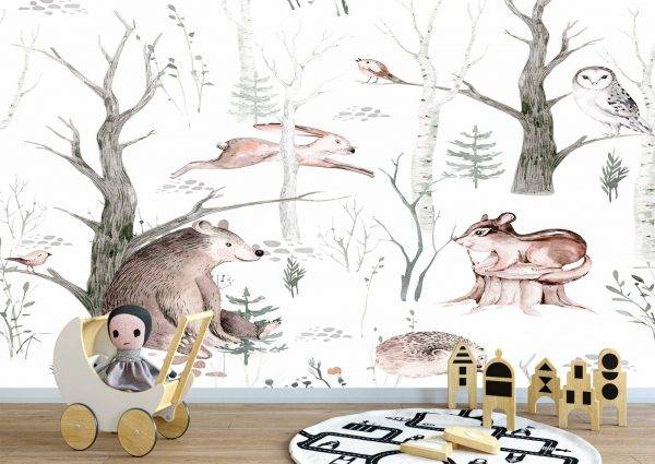 Animals in Forest Scandinavian Style Wall Mural Wallpaper UV Print Decal Art Décor