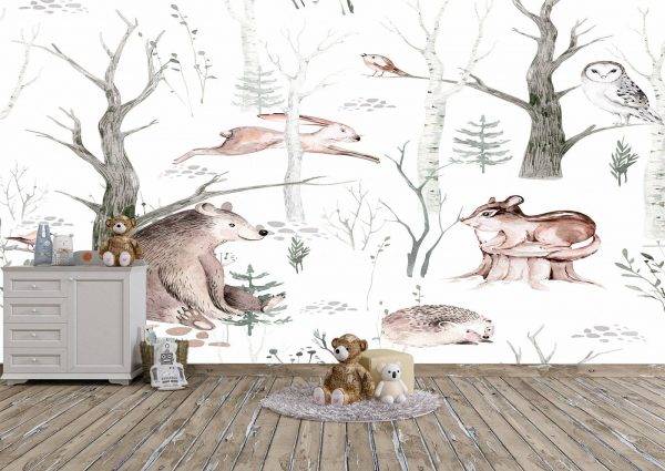 Animals in Forest Scandinavian Style Wall Mural Wallpaper UV Print Decal Art Décor