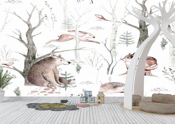 Animals in Forest Scandinavian Style Wall Mural Wallpaper UV Print Decal Art Décor