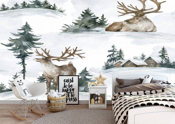 Deer in Winter Scenery Kids Wall Mural Photo Wallpaper UV Print Decal Art Décor