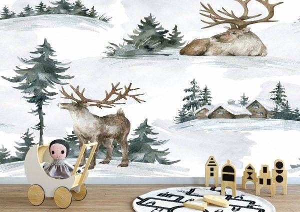 Deer in Winter Scenery Kids Wall Mural Photo Wallpaper UV Print Decal Art Décor