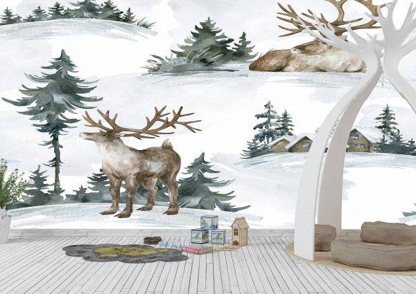 Deer in Winter Scenery Kids Wall Mural Photo Wallpaper UV Print Decal Art Décor